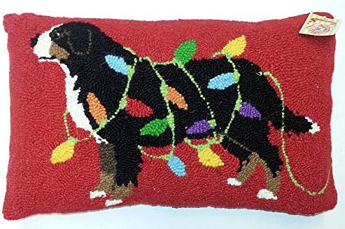 Bernese Mountain Dog Holiday Lights Wool Hooked Christmas Throw Pillow - 12" X 20"