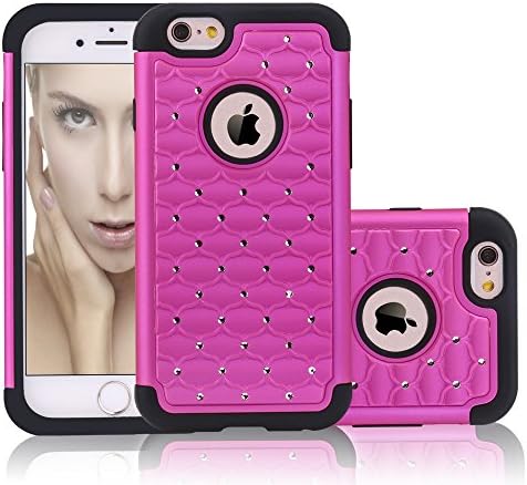 iPhone 6S Case, Shockproof Heavy Duty Mobile Phone Case iPhone 6 Cover Hybrid Dual Layer Hard PC with Soft Rubber Apple iPhone 6S Cover 4.7 Inch Rhinestone Bling Protective Cell Phone Case (Rose Red)