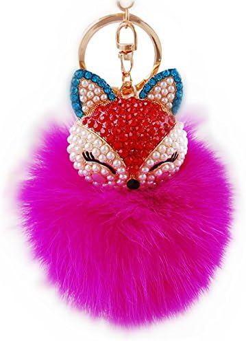 Anple Real Rabbit Fur Ball with Artificial Fox Head Inlay Pearl Rhinestone Key Chain for Womens Bag or Cellphone or Car Pendant (Purple)