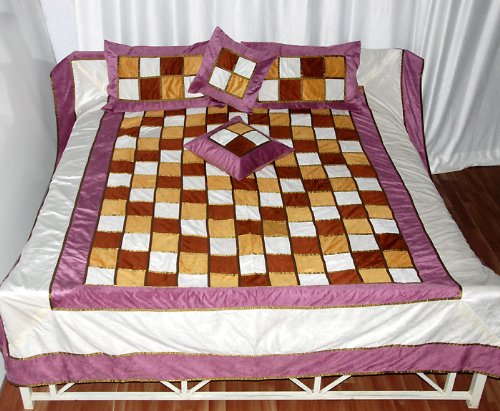 Attractive Patch & Lace Work Silk Bedspread with Pillow Covers & Cushion Covers