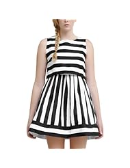 Round Neck Two-Toned Striped Print Summer Chiffon Colorblocking Sleeveless  Dress