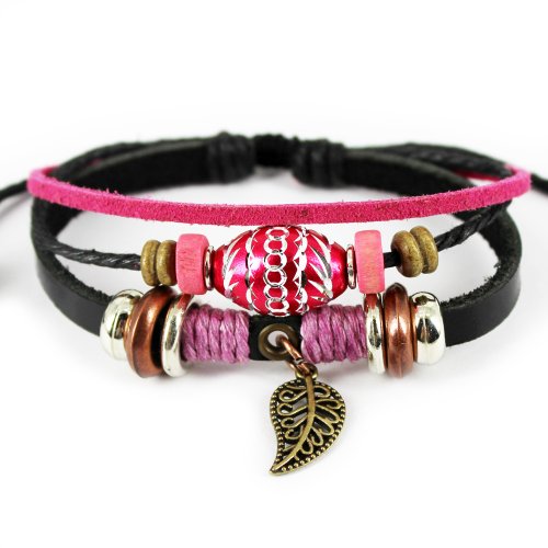 Wild Wind Unique Leaf Pendant Oval Beads Multistrand Leather Adjustable Wrap Bracelet