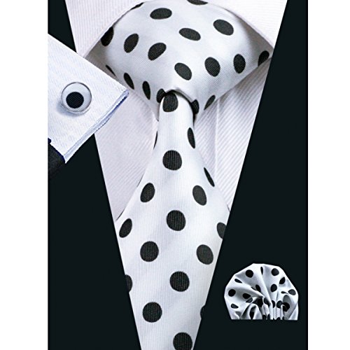 Hi-Tie Mens Stylish Polka Dots Silk Tie Hanky Cufflinks set