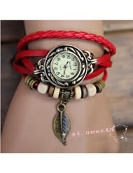 Woman Lady Men Hot Fashion Classic Leather Strap Roma Number Dial Quartz Watch WHS1 (Red-3)