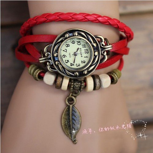Woman Lady Men Hot Fashion Classic Leather Strap Roma Number Dial Quartz Watch WHS1 (Red-3)
