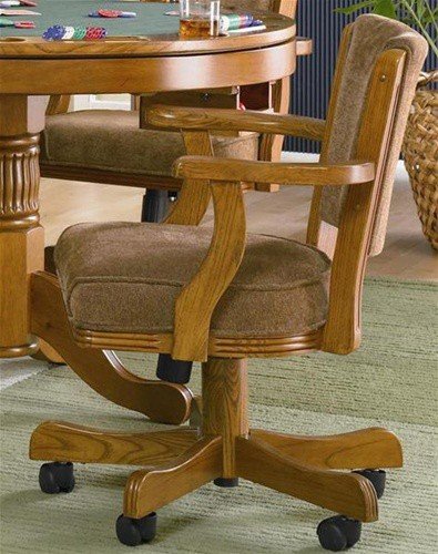 Arm Chair with Casters Tan Fabric Oak Finish