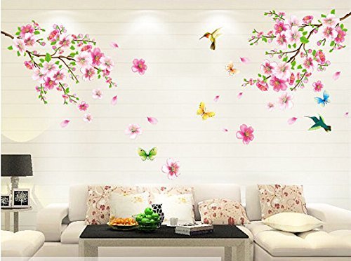 Cukudy® Pink Cherry Blossom Tree with Butterfly Vinyl Art Wall Decal