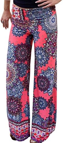 Women's Paisley Print Straight Legged Trousers Fold-Over Elastic Palazzo Pants
