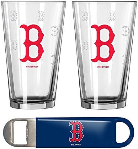 MLB Red Sox Pint Glasses (2) &amp; Bottle Opener Set | Boston Red Sox Barware Gift Set
