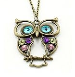 Stone River Jewellery Blue Eyed Bronze Tone Owl Pendant Long Chain Necklace Vintage Style Lilac, Lemon & Pink Stones