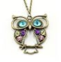 Stone River Jewellery Blue Eyed Bronze Tone Owl Pendant Long Chain Necklace Vintage Style Lilac, Lemon & Pink Stones
