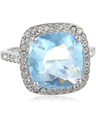 Sterling Silver Aquamarine Crystal and Clear Crystal Cushion-Cut Ring