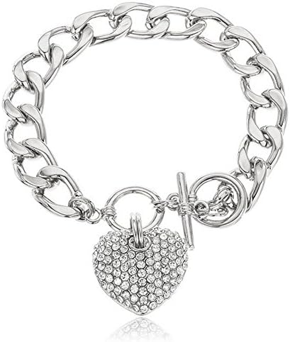 Goldtone with Clear Iced Out Heart 8.5 Inch Cuban Link 12mm Toggle Bracelet (Silvertone)