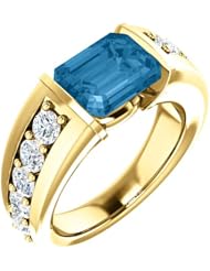 18K Yellow Gold 9.00x7.00mm Emerald Cut London Blue Topaz and Diamond Ring -- LIFETIME WARRANTY