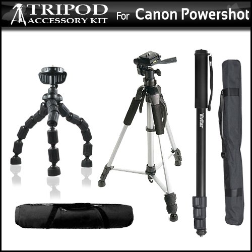 Tripod & Monopod Kit For Canon POWERSHOT G12 G7 G9 G10 G11 PRO1 A650 A640 S5 IS S3 IS S90 IS SX10 IS SX1 IS SX20 SX120 IS A570 A590 E1 Includes 57 Inch Tripod, 67 Inch Monopod & Gripster Flexible Mini tripod