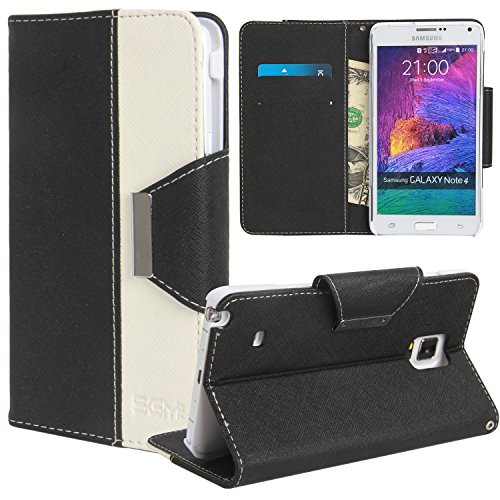 Note 4 Case, Galaxy Note 4 Wallet Case - SGM (TM) Stylish PU Leather Wallet Stand Case For Samsung Galaxy Note 4 With Slots For Cash, Cards and IDs (Black + White)