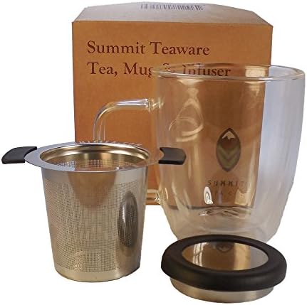 Summit Tea - Our Best Stainless Steel Tea Infuser and Double Walled 12 Oz Glass Tea Mug with a Tea Sample