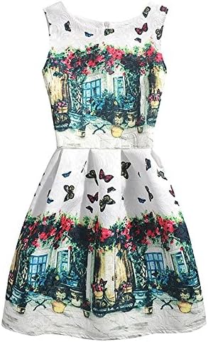 Girl's Fashion Sleeveless Butterfly Print Cute A Line Pleated Mini Dress White