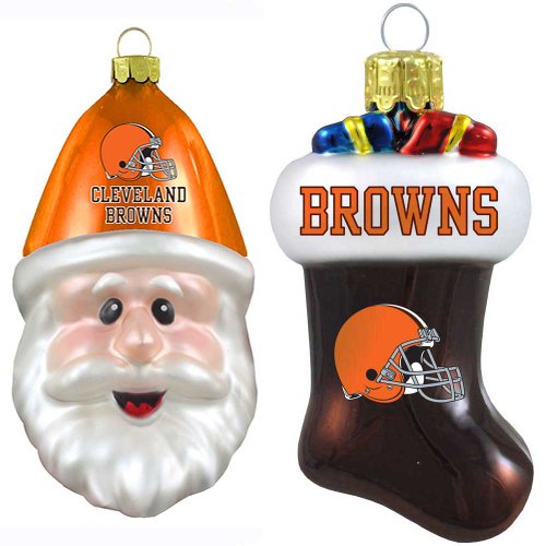 NFL Cleveland Browns Blown Glass Stocking and Santa Cap Ornament 2-Pack