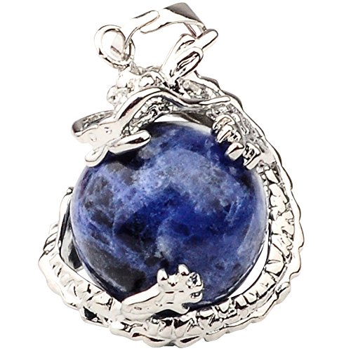 1 PCS Natural 15mm Crystal Gemstone Ball Pendant Wrapped Silver Alloy Dragon for Women Charm Jewelry Necklace (Sodalite)