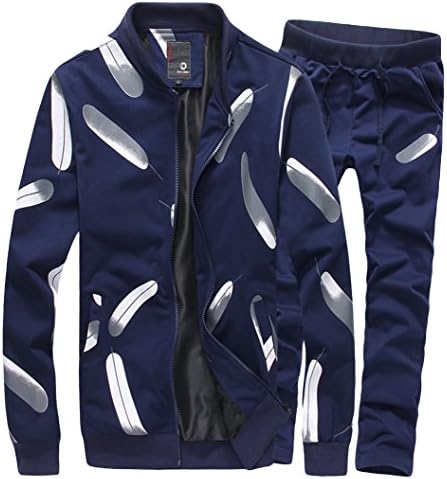 Yane Men's Casual Zip Up Feather Print Hoodie Drawstring Sweatpants