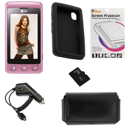 LG KP500 Cookie Unlocked GSM Phone with 3.2 MP Camera, Digital Media Player, and MicroSD Slot--International Version with No Warranty (Pink) 6 Items bundle kit: Cell Phone + Rapid Car Charger + 2GB microSD Card + Black Silicone Skin Case + Clear LCD Screen Protector + Black Horizontal Pouch Case