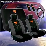 Auto Interior Gift Set - Complete Superman Classic Red and Yellow Shield Front Low Back Bucket Seat Covers Read Bench Seat Cover Set with Bonus Purple Slice