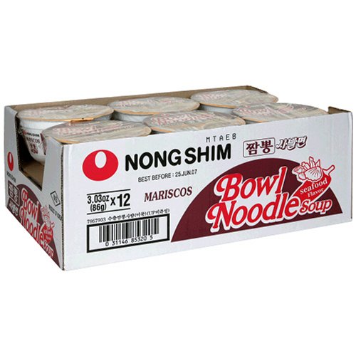 Nong Shim Bowl Noodle, Spicy Seafood, 12-Count, 3.03-Ounce Packages (Pack of 3) by Nong Shim