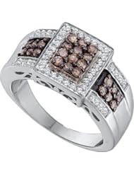 0.65 Carat (ctw) 14K White Gold Round Cognac & White Diamond Ladies Fashion Cocktail Right Hand Ring