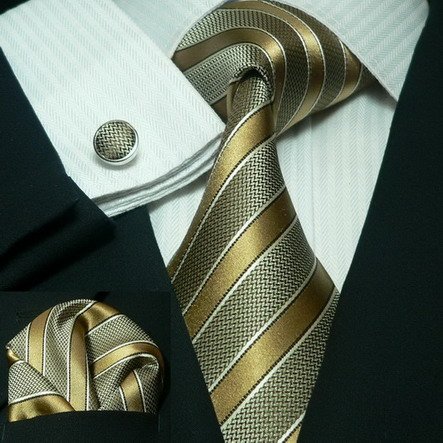 Landisun 38C Light Brown Stripes Mens Silk Tie Set: Tie+Hanky+Cufflinks