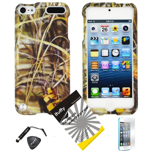 4 items Combo: ITUFFY (TM) LCD Screen Protector Film + Mini Stylus Pen + Case Opener + Wild Outdoor Pond Grass Camouflage Design Rubberized Snap on Hard Shell Cover Faceplate Case for Ipod Touch 5 (5th Generation Ipod Touch)