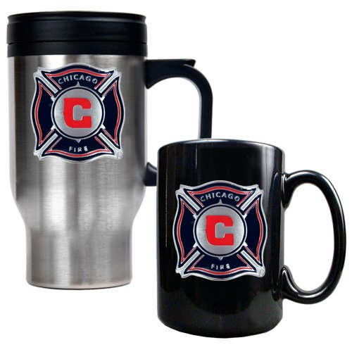 Chicago Fire MLS Stainless Steel Travel Mug and Black Ceramic Mug Set - Primary Team Logo