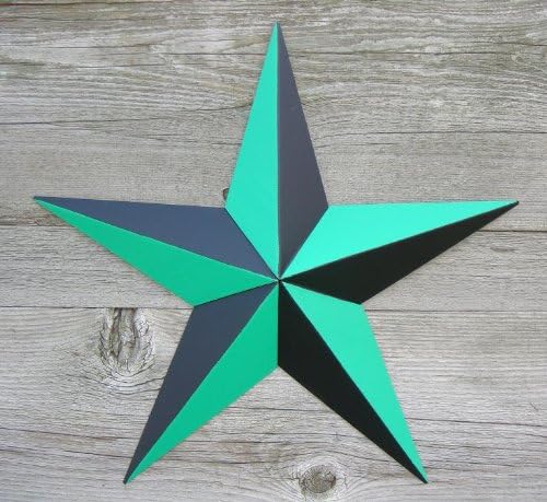 10 Inch Heavy Duty Metal Barn Star Painted Nautical Green-Black. This Tin Barn Star Measures Approximately 10" From Point to Point (Left to Right). The Barnstar Is Hand Crafted Out of 22 Gauge Galvanized Steel By the Old Order Amish From Central Ohio. This Size Star Will Arrive in One Piece and Has a Hang Tag Spot Welded Across the Back of the Top Tip of the Star. The Benefit of Galvanized Metal Is No Rust or Unsightly Stains Down the Side of Your Wall. The Nautical Star is a symbol which is often associated with sailors and those who make their living on or by the sea. Quite apart from the military/naval connotations, the nautical star recalls the sailor's reliance on celestial navigation. At times, the nautical star can be colored in red or green to symbolize membership of the port or starboard watch, respectively. Often, though, the symbol is used to convey an allegorical, rather than a literal, meaning. The link to celestial navigation could, for example, symbolize that the wearer's wish to find his or her way home safely, particularly in the case of military personnel. Further, it could express a desire to find one's way in life more generally. Decorate Your Mantel, House, or Barn. A Star Is the Perfect Way to Show Your Spirit and Love for This Country As It Is Made in the USA! A Metal Tin Barn Star Makes a Great Gift!