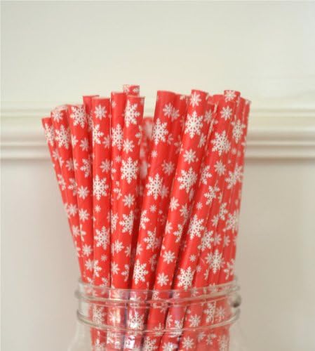 25 Paper Drinking Straws Christmas Snowflake 7.75" Retro Vintage Style Durable