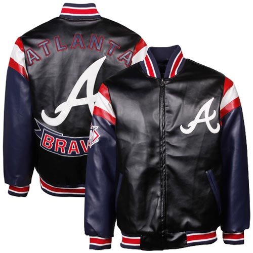 Atlanta Braves Black Pleather Varsity Full Zip Jacket (Large)
