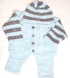 Knitted on Hand Knitting Machine Blue Chenille with Grey Stripes Finished By Hand Crochet Infant Boys Cardigan Pant Hat Set