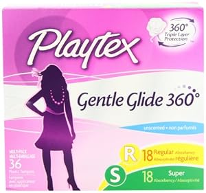 Playtex Gentle Glide Tampons Multipack, Unscented Regular/Super Absorbency, 36 Count (Pack of 2)