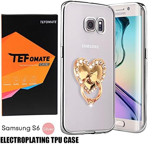 For Samsung Galaxy S6 Ring Stand Case Back Cover, TEFOMATE® Samsung S6 TPUCases Electroplating Edge Soft, Ultra Thin Cover Cases for Samsung S6 Silver[Retail Package] (White Heart)