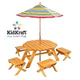 Octagon Table & 4 Stools and Multi Striped Umbrella