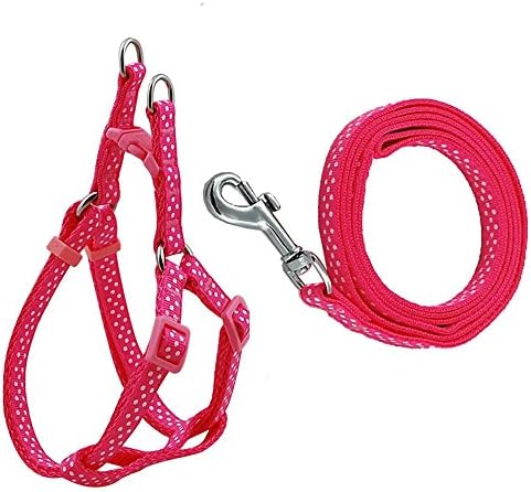 Polka Dots Prints Nylon Dog Puppy Walking Leash & Harness Set X-small Chest for 12-18" Adjustable Pink