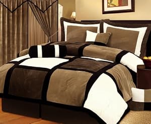 Chezmoi Collection Micro Suede Patchwork 7-Piece Comforter Set, Queen, Black/Brown/White