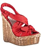 Prada red matte fabric platform rattan wedges