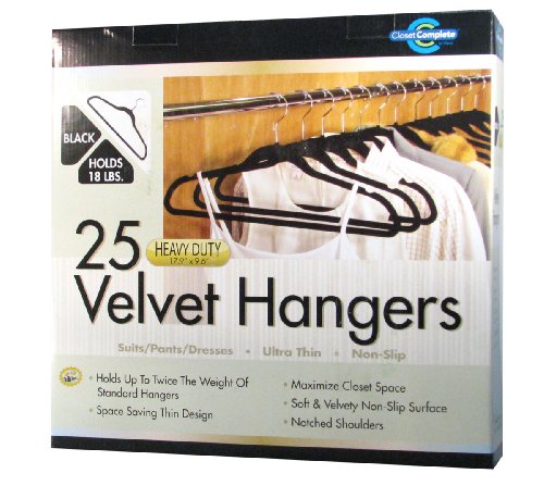 Closet Complete HEAVY DUTY Ultra Thin No Slip Velvet Suit Hangers, Black, Set of 25