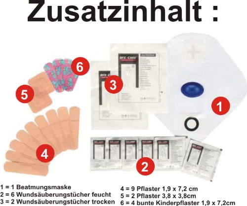 RFX + Care FA200-5320716 KFZ-Verbandtasche rot, Inhalt nach DIN 13164 § 35h STVZO + Beatmungsmaske + Pflaster + EXTRAS