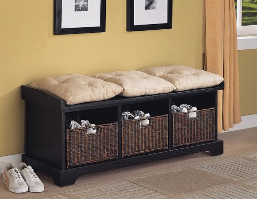 Kitchen: Black finish wood country style bedroom hall bench with storage baskets