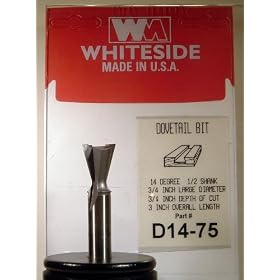 14 degree, 1/2" Shank, 3/4" Diameter x 3/4" Cut Depth x 3" Overall Length, Dovetail Bit
