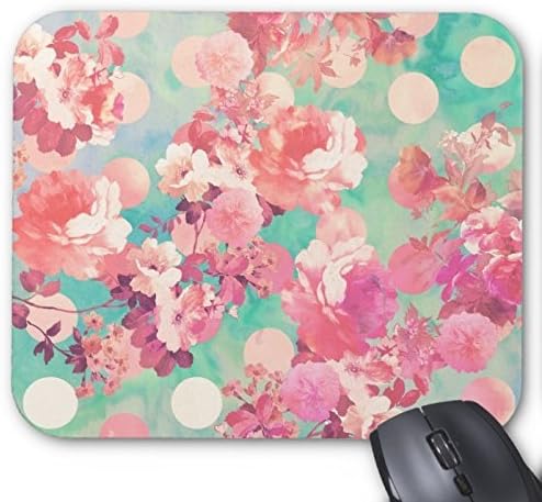 CottonHouse Romantic Pink Retro Floral Pattern Teal Polka Dots Mouse Pad