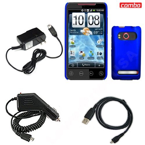 HTC EVO 4G Sprint Combo Dark Blue Rubber Feel Protective Case Faceplate Cover + USB Data Charge Sync Cable + Rapid Car Charger + Home Wall Charger for HTC EVO 4G Sprint
