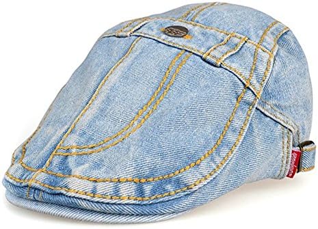Women Men Washed Jeans Denim Fabric Button Fake Pocket Flat Cap Hat Light Blue