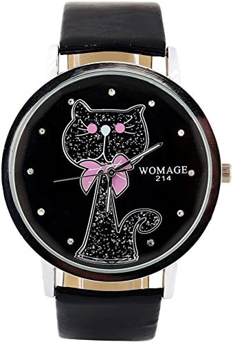 Sotijobs Women Ladies New Arrival Big Face Bow Cat Printed Round Facial Wrist Watch Black